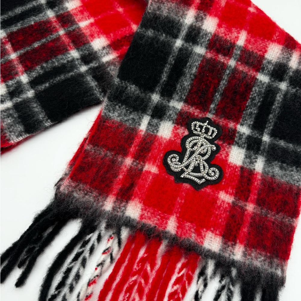 Lauren Ralph Lauren Red, Black, White Plaid Wool Blend Scarf‎ Crystal LRL NWOT